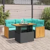  5 részes fekete polyrattan akácfa kerti kanapészett párnákkal