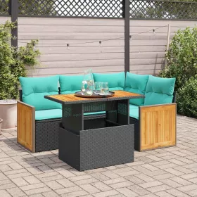    5 részes fekete polyrattan akácfa kerti kanapészett párnákkal