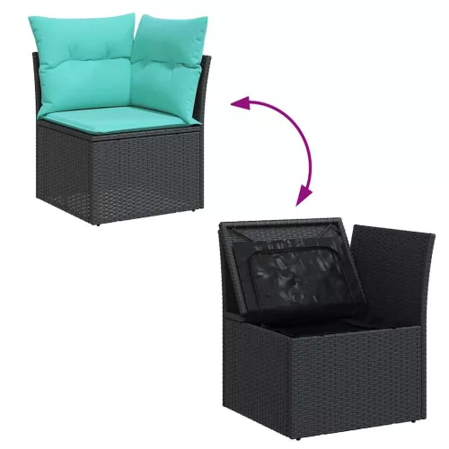  5 részes fekete polyrattan akácfa kerti kanapészett párnákkal