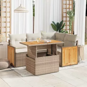    5 részes bézs polyrattan és akácfa kerti ülőgarnitúra párnákkal
