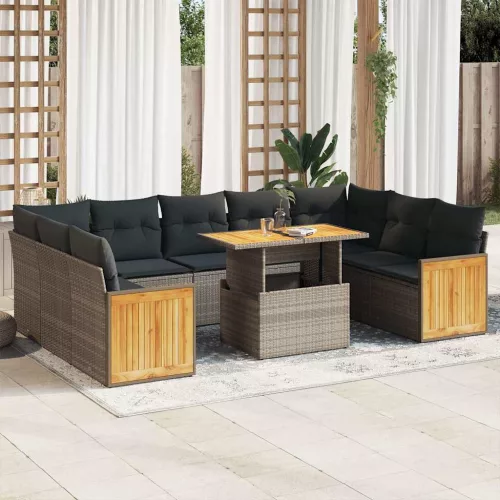  10 részes szürke polyrattan akácfa kerti ülőgarnitúra párnákkal