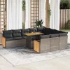  11 részes szürke polyrattan akácfa kerti ülőgarnitúra párnákkal