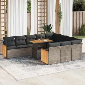    11 részes szürke polyrattan akácfa kerti ülőgarnitúra párnákkal