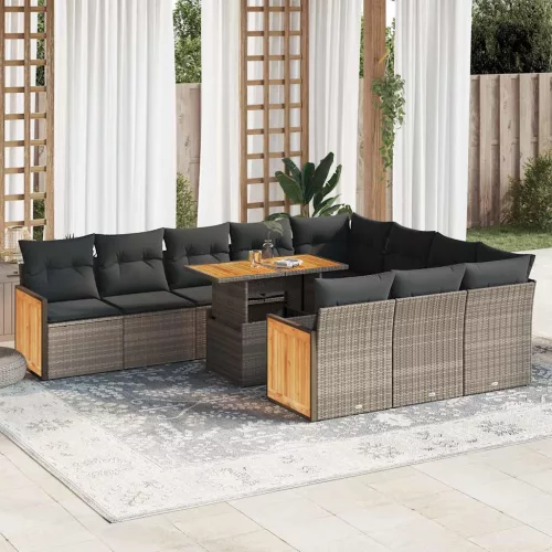  11 részes szürke polyrattan akácfa kerti ülőgarnitúra párnákkal