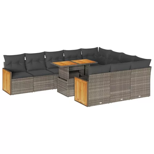  11 részes szürke polyrattan akácfa kerti ülőgarnitúra párnákkal