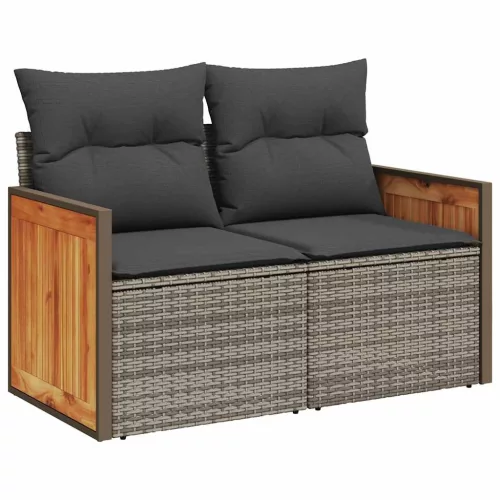  11 részes szürke polyrattan akácfa kerti ülőgarnitúra párnákkal