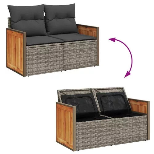  11 részes szürke polyrattan akácfa kerti ülőgarnitúra párnákkal