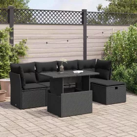    6 részes fekete polyrattan kerti ülőgarnitúra párnákkal