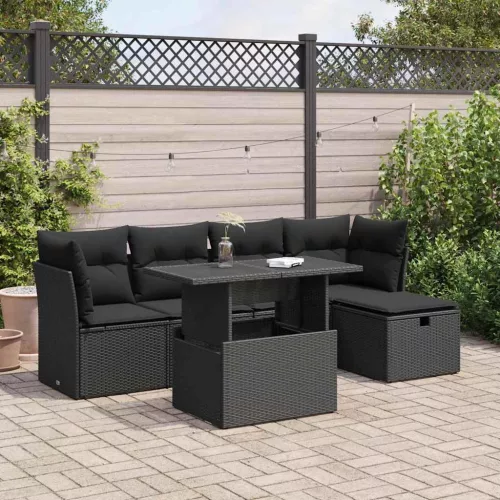  6 részes fekete polyrattan kerti ülőgarnitúra párnákkal