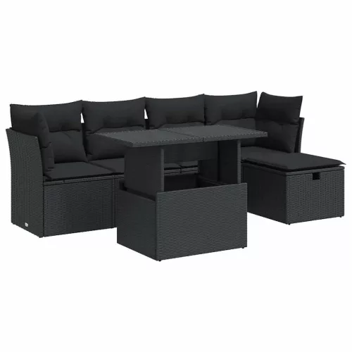  6 részes fekete polyrattan kerti ülőgarnitúra párnákkal