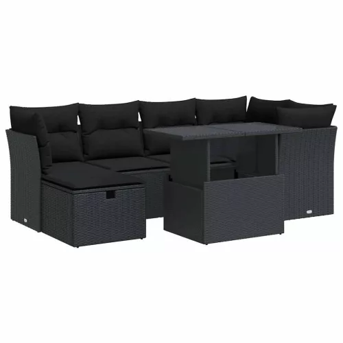  7 részes fekete polyrattan kerti ülőgarnitúra párnával