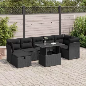    8 részes fekete polyrattan kerti ülőgarnitúra párnákkal