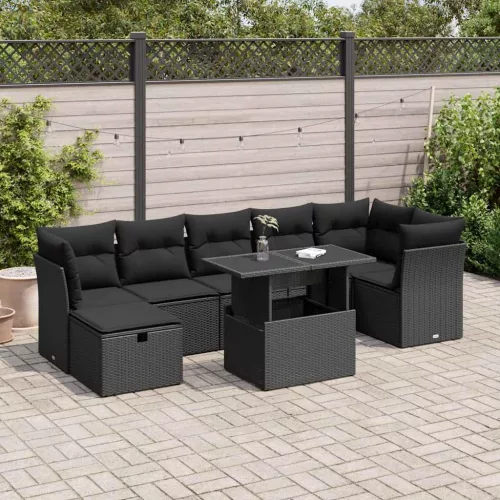  8 részes fekete polyrattan kerti ülőgarnitúra párnákkal