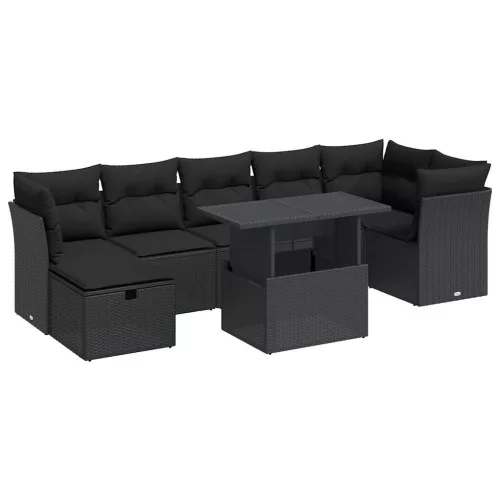  8 részes fekete polyrattan kerti ülőgarnitúra párnákkal