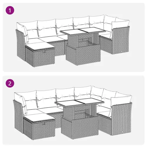  8 részes fekete polyrattan kerti ülőgarnitúra párnákkal
