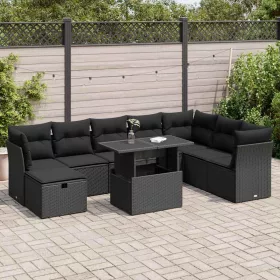    9 részes fekete polyrattan kerti ülőgarnitúra párnákkal