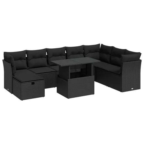  9 részes fekete polyrattan kerti ülőgarnitúra párnákkal