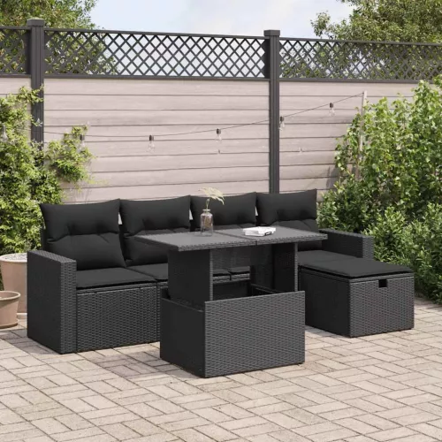  6 részes fekete polyrattan kerti ülőgarnitúra párnákkal