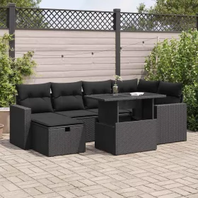    7 részes fekete polyrattan kerti ülőgarnitúra párnával