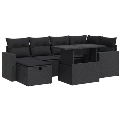  7 részes fekete polyrattan kerti ülőgarnitúra párnával