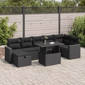    8 részes fekete polyrattan kerti ülőgarnitúra párnákkal