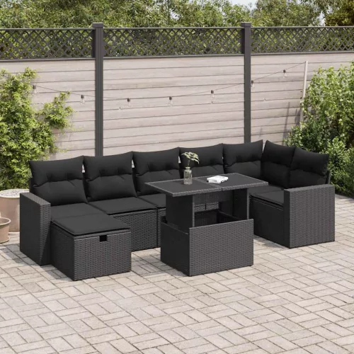 8 részes fekete polyrattan kerti ülőgarnitúra párnákkal