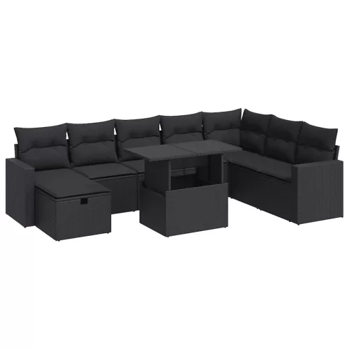  9 részes fekete polyrattan kerti ülőgarnitúra párnákkal