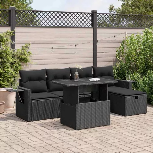  6 részes fekete polyrattan kerti ülőgarnitúra párnákkal