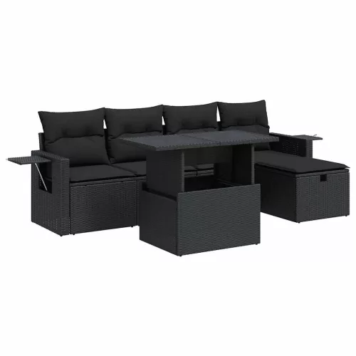  6 részes fekete polyrattan kerti ülőgarnitúra párnákkal