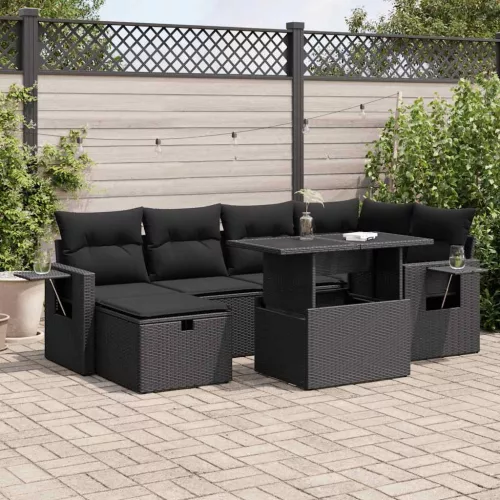  7 részes fekete polyrattan kerti ülőgarnitúra párnával