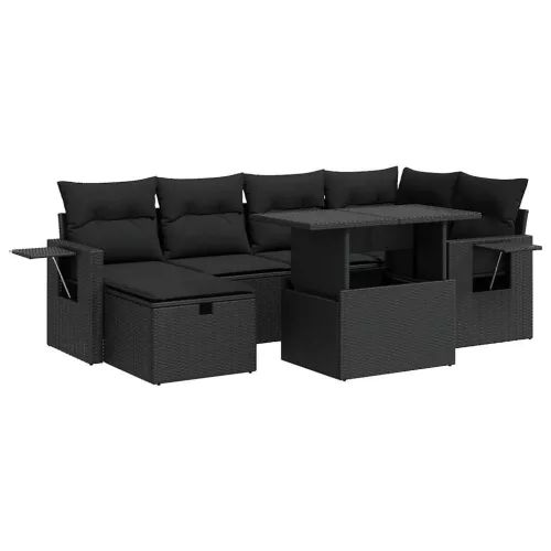  7 részes fekete polyrattan kerti ülőgarnitúra párnával