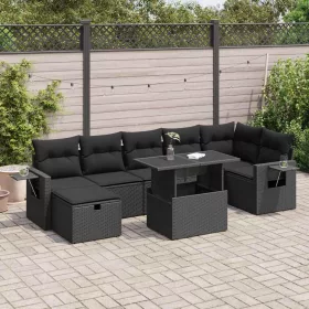    8 részes fekete polyrattan kerti ülőgarnitúra párnákkal