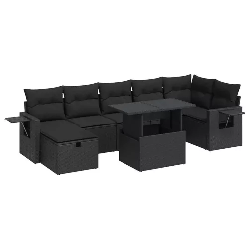  8 részes fekete polyrattan kerti ülőgarnitúra párnákkal