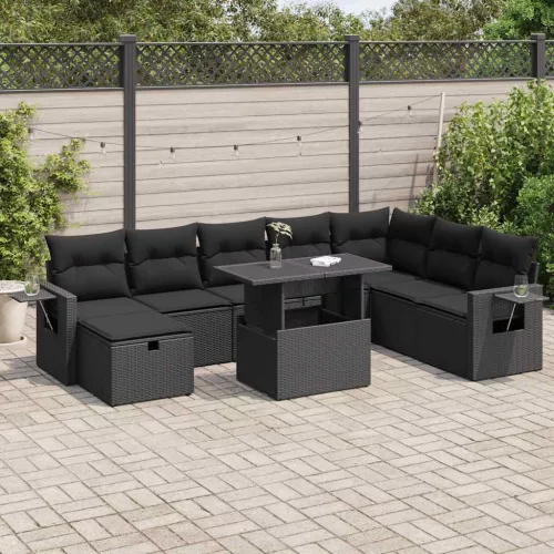  9 részes fekete polyrattan kerti ülőgarnitúra párnákkal