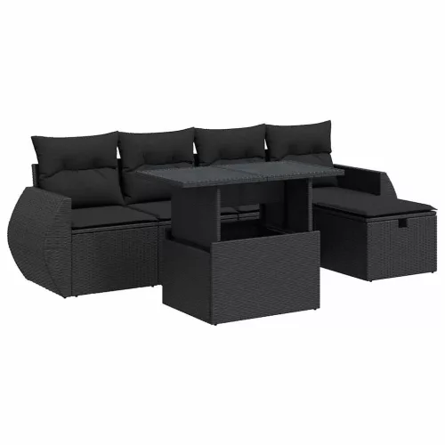 6 részes fekete polyrattan kerti ülőgarnitúra párnákkal