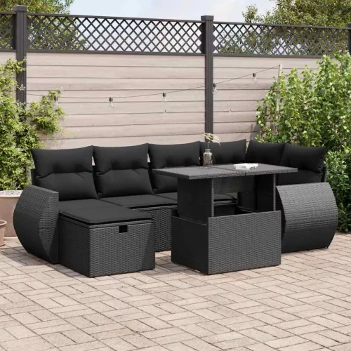  7 részes fekete polyrattan kerti ülőgarnitúra párnával