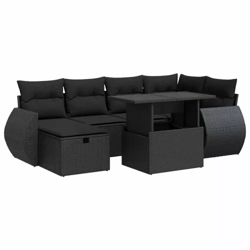  7 részes fekete polyrattan kerti ülőgarnitúra párnával