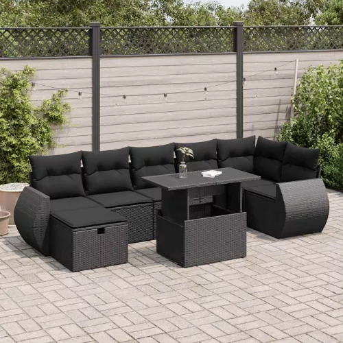  8 részes fekete polyrattan kerti ülőgarnitúra párnákkal