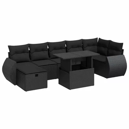  8 részes fekete polyrattan kerti ülőgarnitúra párnákkal