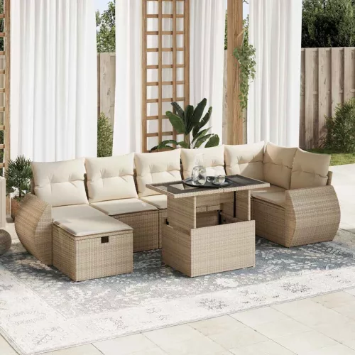  8 részes bézs polyrattan kerti ülőgarnitúra párnával