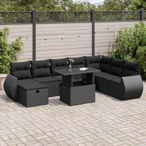  9 részes fekete polyrattan kerti ülőgarnitúra párnákkal