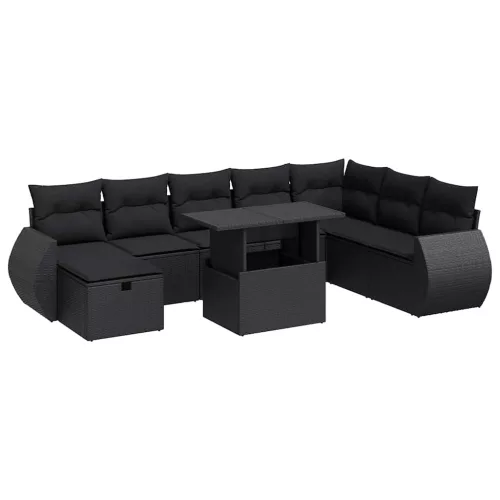  9 részes fekete polyrattan kerti ülőgarnitúra párnákkal