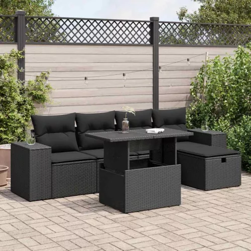  6 részes fekete polyrattan kerti ülőgarnitúra párnákkal