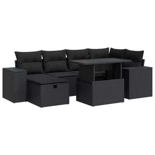  8 részes fekete polyrattan kerti ülőgarnitúra párnákkal
