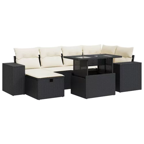  8 részes fekete polyrattan kerti ülőgarnitúra párnákkal