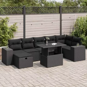  5 részes fekete polyrattan kerti kanapészett párnákkal