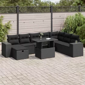    9 részes fekete polyrattan kerti ülőgarnitúra párnákkal