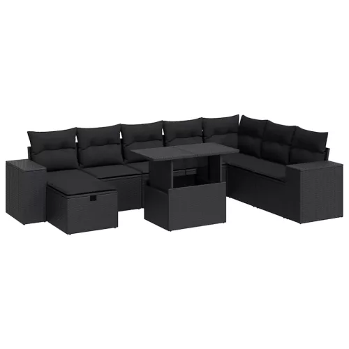  9 részes fekete polyrattan kerti ülőgarnitúra párnákkal
