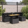  6 részes fekete polyrattan akácfa kerti ülőgarnitúra párnákkal