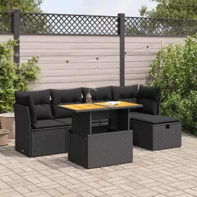    6 részes fekete polyrattan akácfa kerti ülőgarnitúra párnákkal
